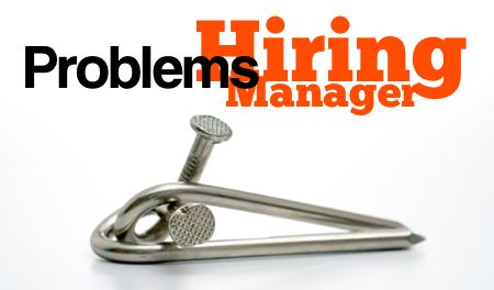 Picture of two nails twisted in a puzzle with text Hiring Manager Problems overlayed in a problematic design layout