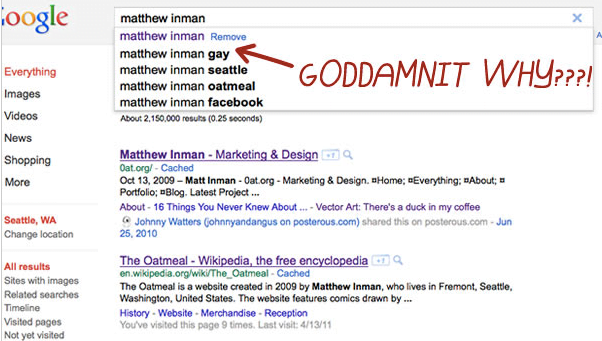 matthew inman of the oatmeal created a humorous cartoon recently about google's search impacting his online persona.