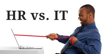 man having tug-o-war with computer in hrexaminer.com article about HR and IT department battles