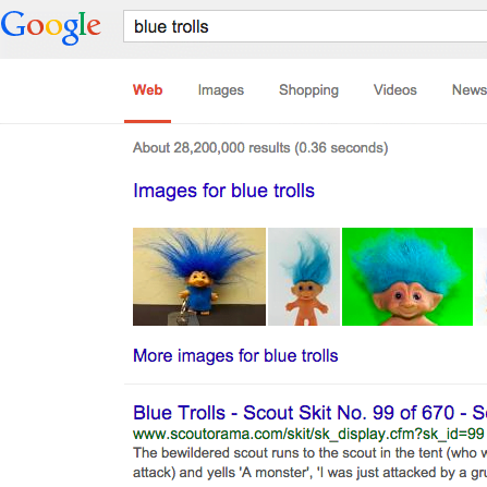 screen capture of google search results page showing blue trolls